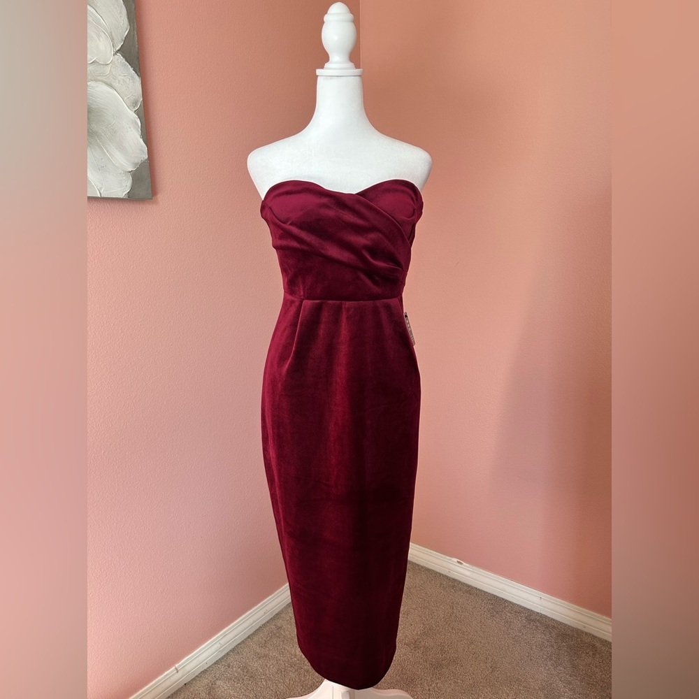 burgundy crushed velvet strapless elegant glam holiday/ wedding date dress NWT S - Picture 4 of 13